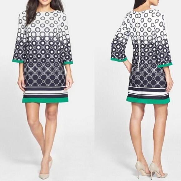 Eliza J Women's Size 6 Blue Green Print Shift 3/4 Sleeves Dress Midi Length - Picture 11 of 13